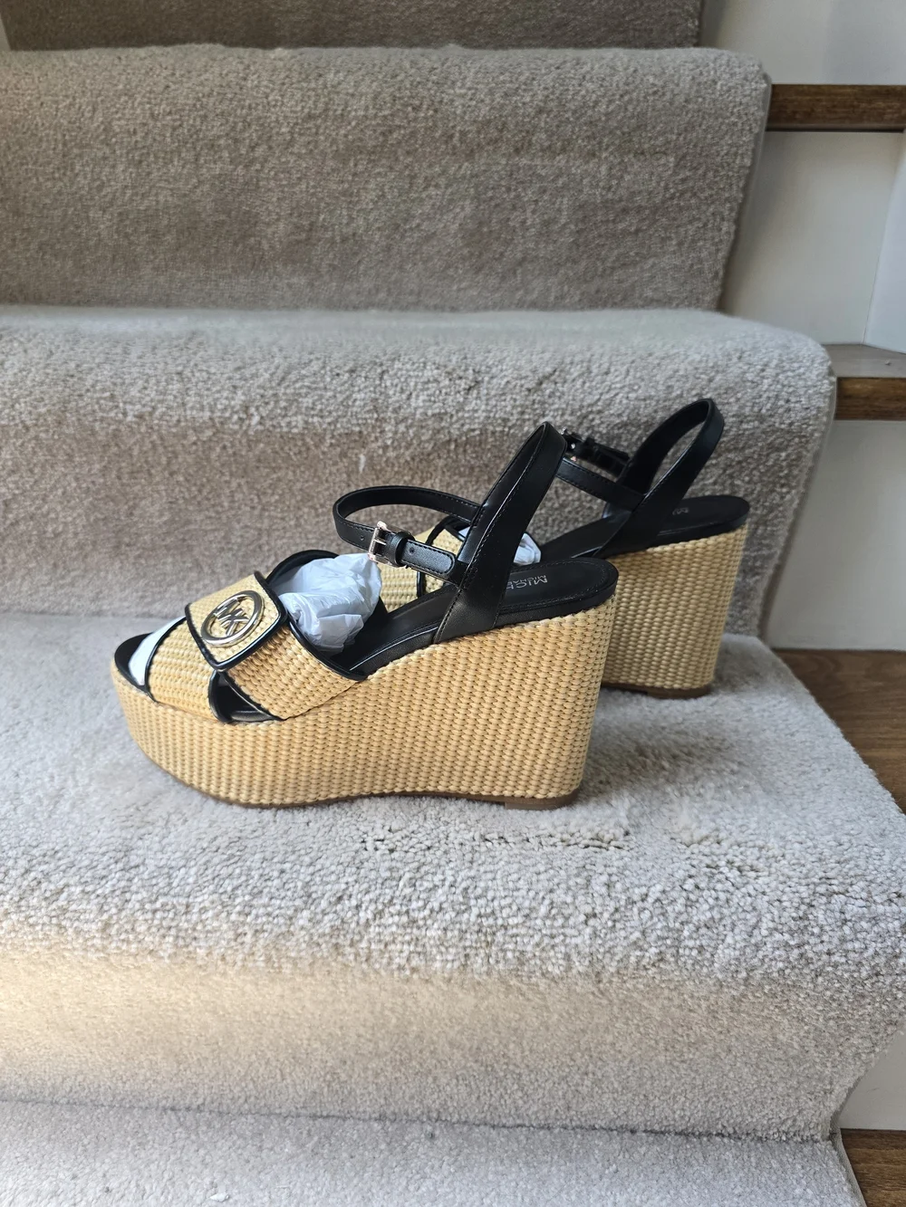 Michael Kors Black & Natural Woven Platform Wedge Sandals with MK Medallion